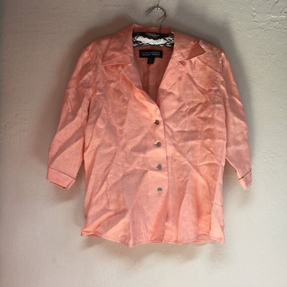 Linda Allard Ellen Tracy Button Front Linen Shirt Sz 12 Petite Peach 3/4 Sleeve - Picture 1 of 8